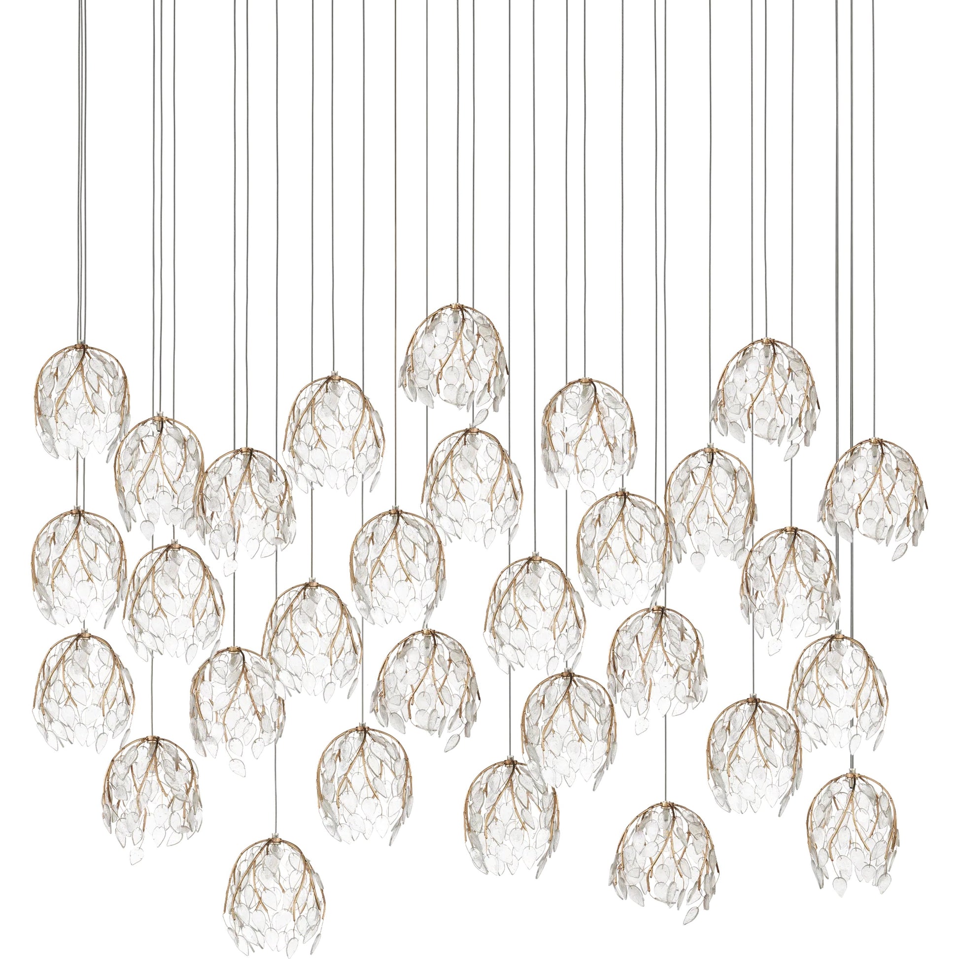 Banyan 30-Light Linear Multi-Drop Pendant by Currey and Company in antique brass, clear, silver. Made from metal, glass in a modern style.