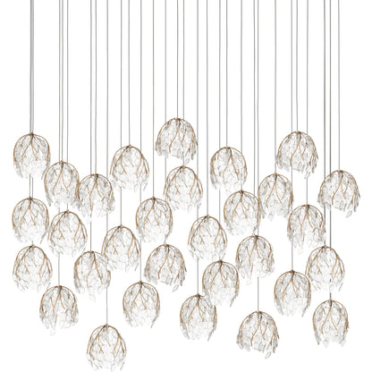 Banyan 30-Light Linear Multi-Drop Pendant by Currey and Company in antique brass, clear, silver. Made from metal, glass in a modern style.