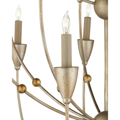 Paradox Chandelier by Currey and Company in silver granello, gold leaf. Made from wrought iron in a modern style.