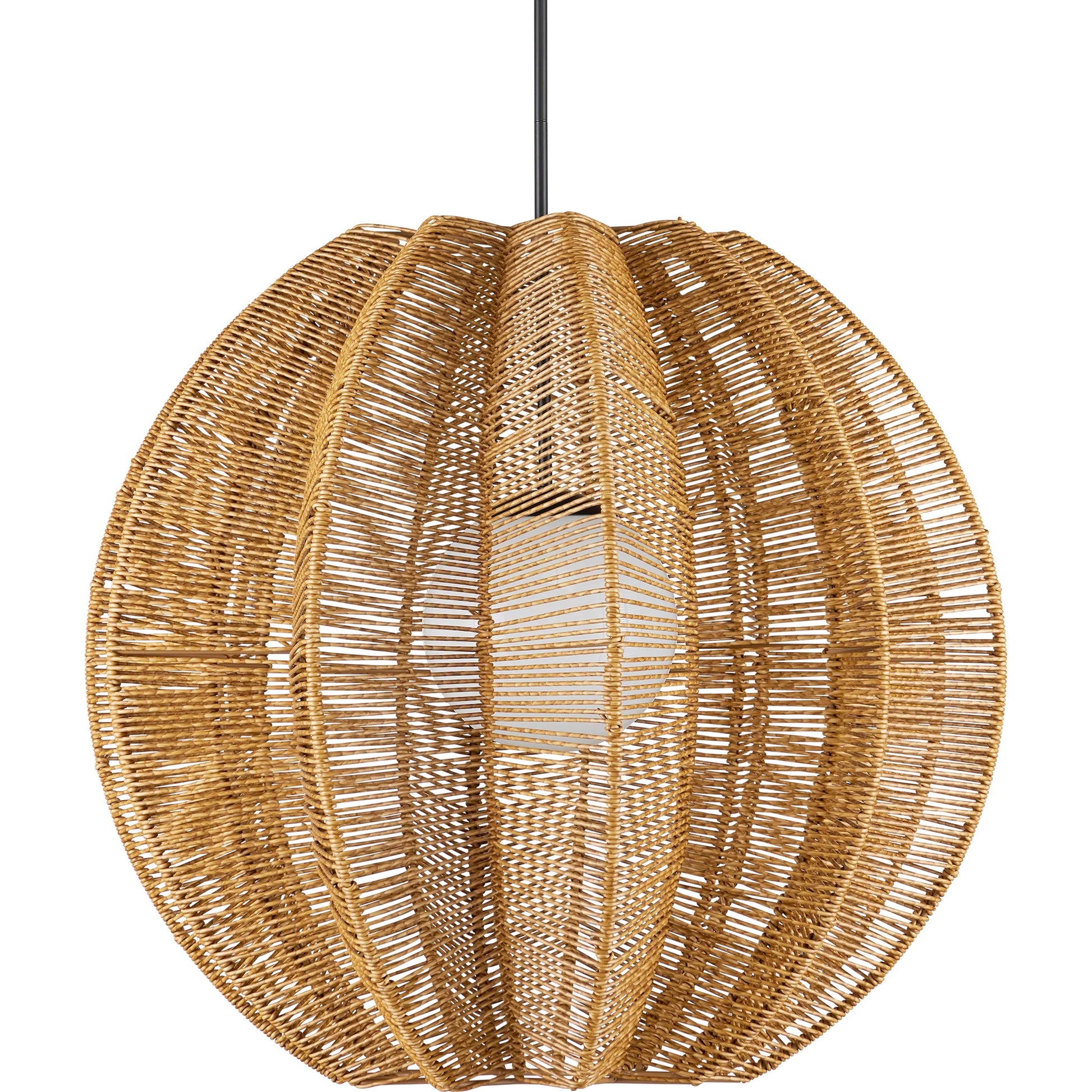 Barbary Fluted Outdoor Pendant by Currey and Company in natural, black, frosted white. Made from all-weather wicker, metal, glass in a rustic style.