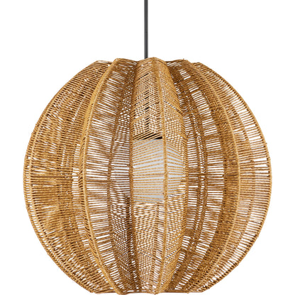 Barbary Fluted Outdoor Pendant by Currey and Company in natural, black, frosted white. Made from all-weather wicker, metal, glass in a rustic style.