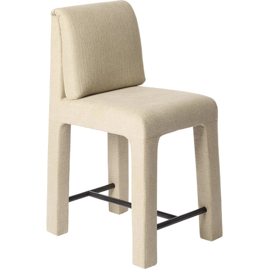 Tamu Counter Stool by Global Views in beige. Made from rubber wood, fabric in a transitional style.
