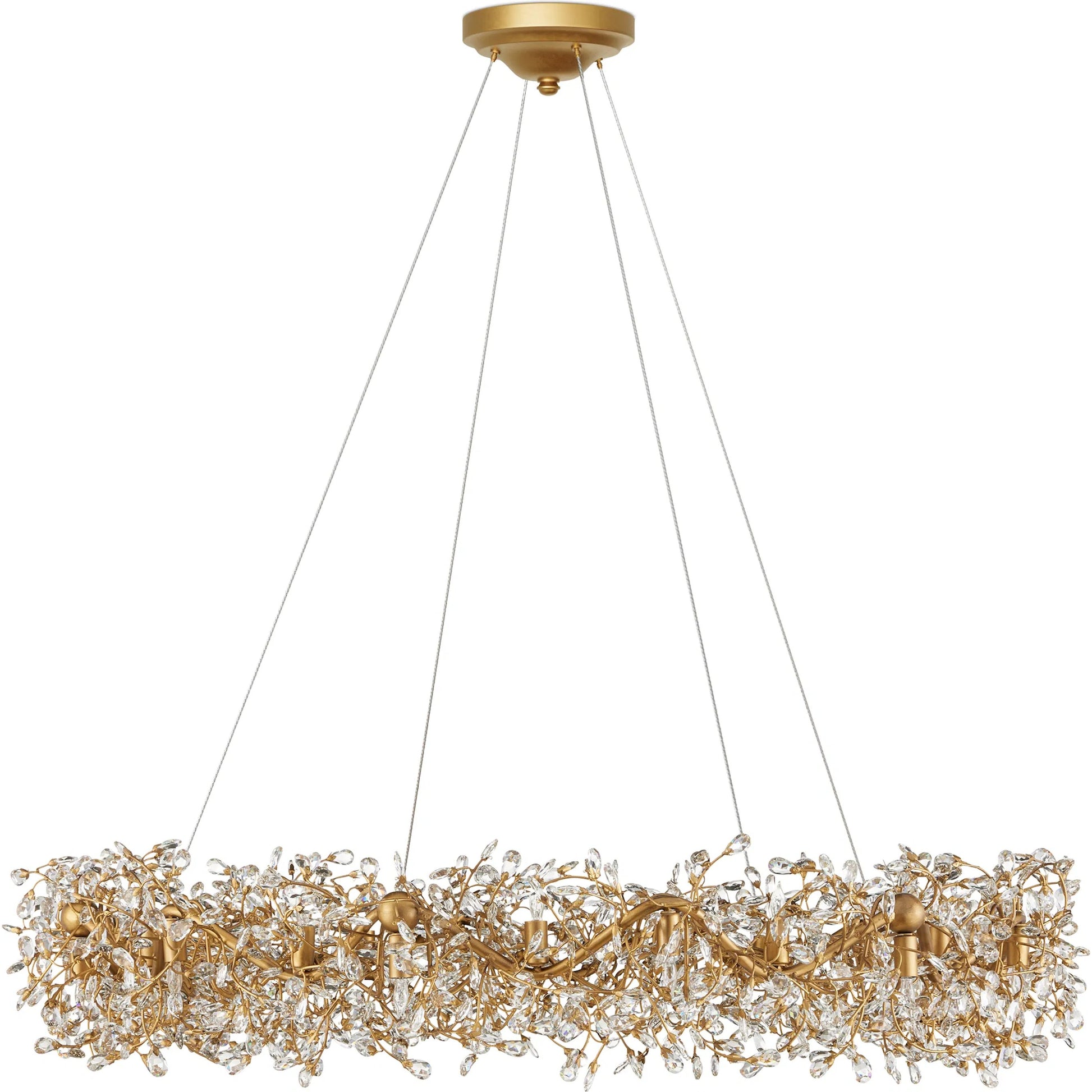 Crystal Bud Ring Chandelier by Currey and Company in clear, brass. Made from crystal, wrought iron in a modern style.