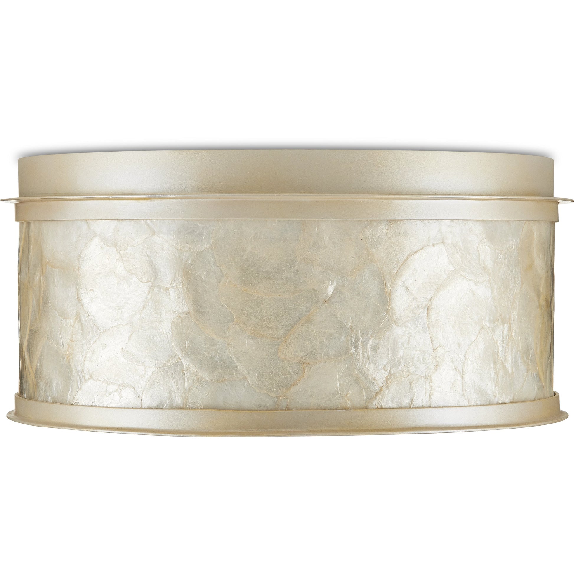 Neith Flush Mount by Currey and Company in sea pearl, natural. Made from wrought iron, capiz shell, acrylic diffuser in a transitional style.