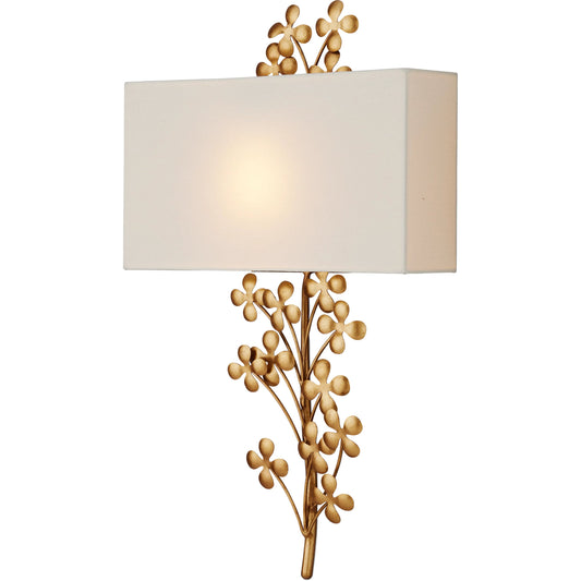 Cloverfield Wall Sconce by Currey and Company in contemporary gold leaf, contemporary gold. Made from wrought iron in a modern style.