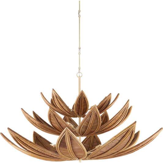 Cubana Three-Tier Chandelier by Currey and Company in natural, coco cream. Made from rattan, wrought iron in a unique style.