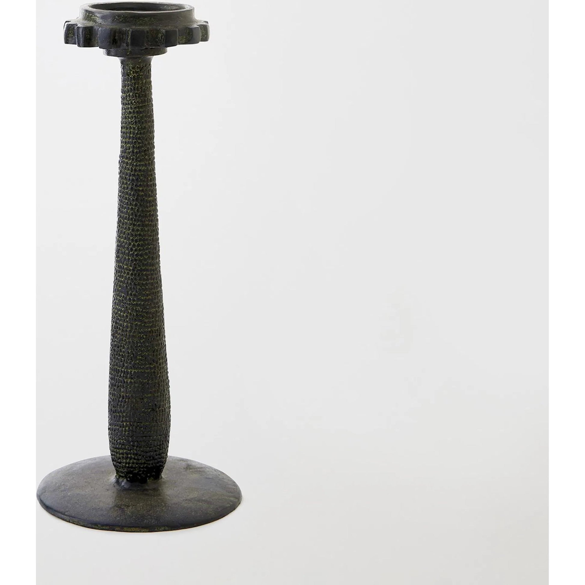 Totem Candlestick by Global Views in verdigris. Made from cast iron in a rustic style.