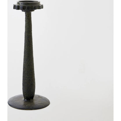 Totem Candlestick by Global Views in verdigris. Made from cast iron in a rustic style.