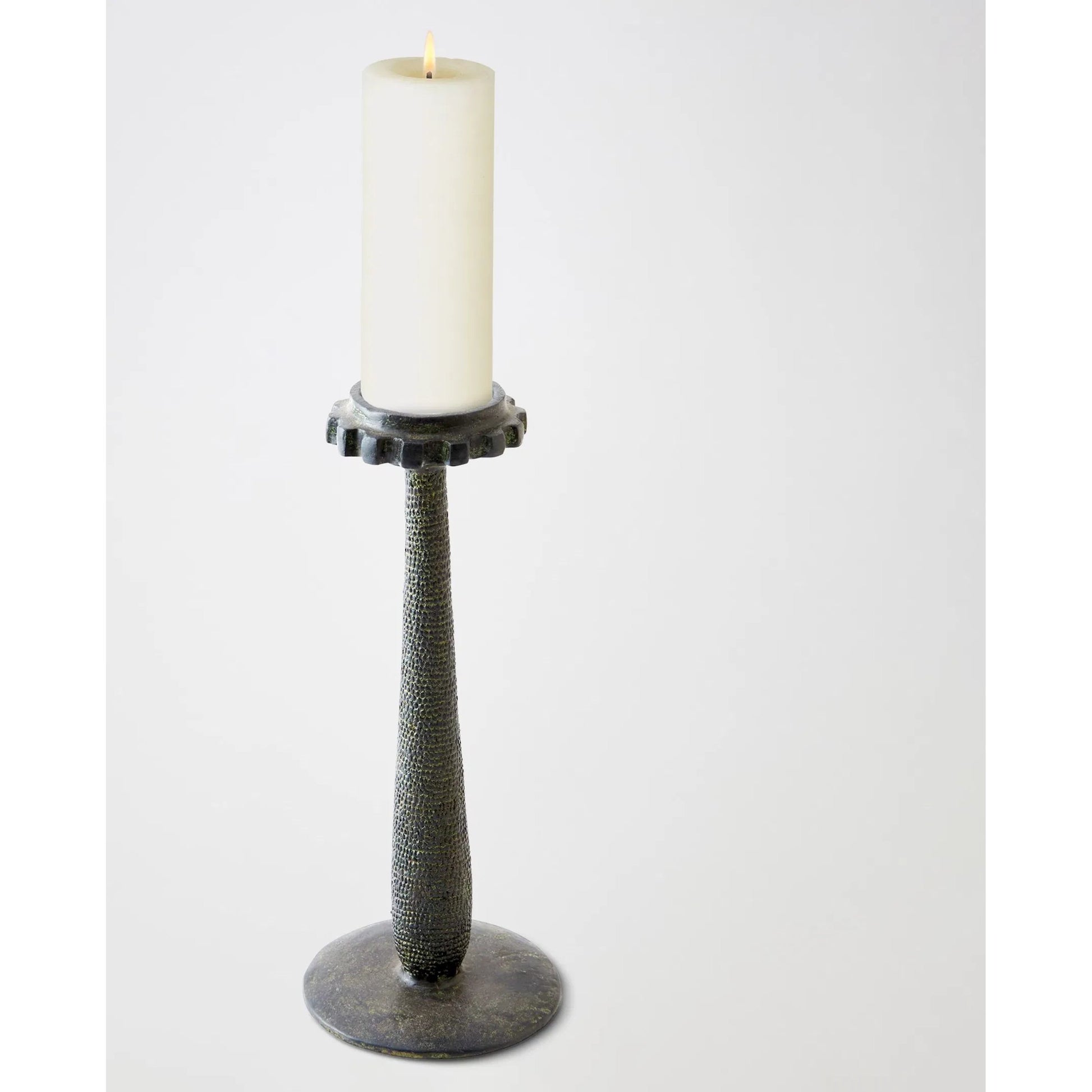 Totem Candlestick by Global Views in verdigris. Made from cast iron in a rustic style.