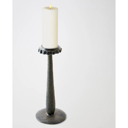 Totem Candlestick by Global Views in verdigris. Made from cast iron in a rustic style.