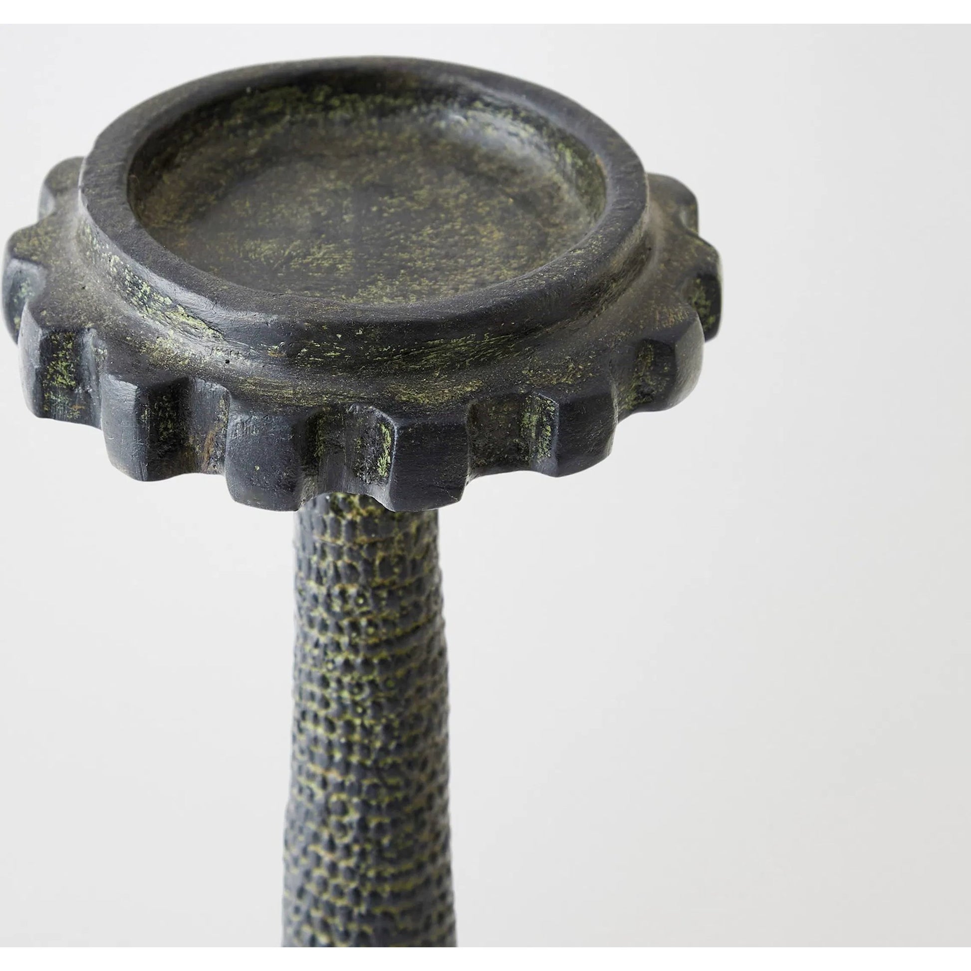 Totem Candlestick by Global Views in verdigris. Made from cast iron in a rustic style.