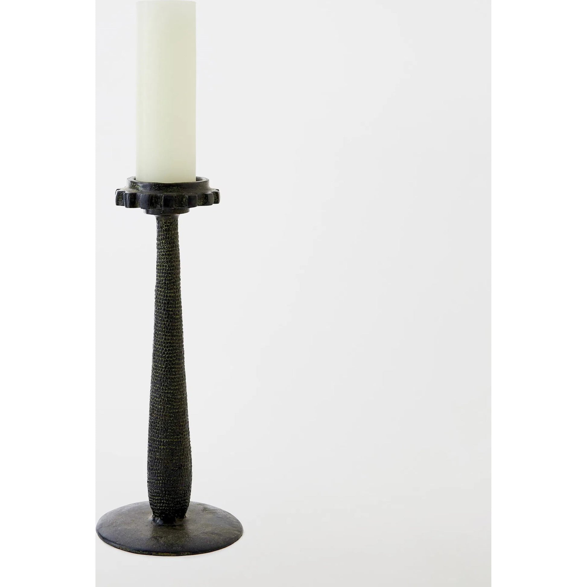 Totem Candlestick by Global Views in verdigris. Made from cast iron in a rustic style.