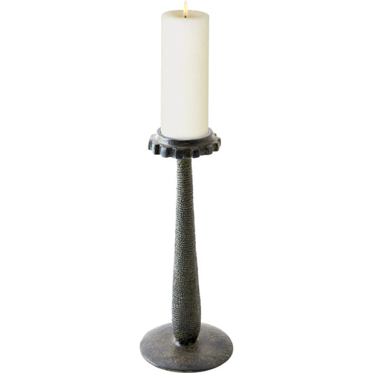 Totem Candlestick by Global Views in verdigris. Made from cast iron in a rustic style.