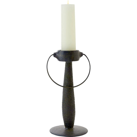 Totem Candlestick with Handle by Global Views in verdigris. Made from cast iron in a rustic style.