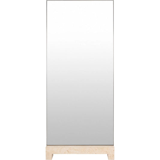 Zuri Floor Mirror by Global Views in tan, bronze, clear mirror. Made from travertine base, stainless steel frame, mirror in a transitional style.