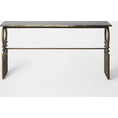 Carthago Console by Global Views in verdigris. Made from rainforest green marble, cast iron in a traditional style.