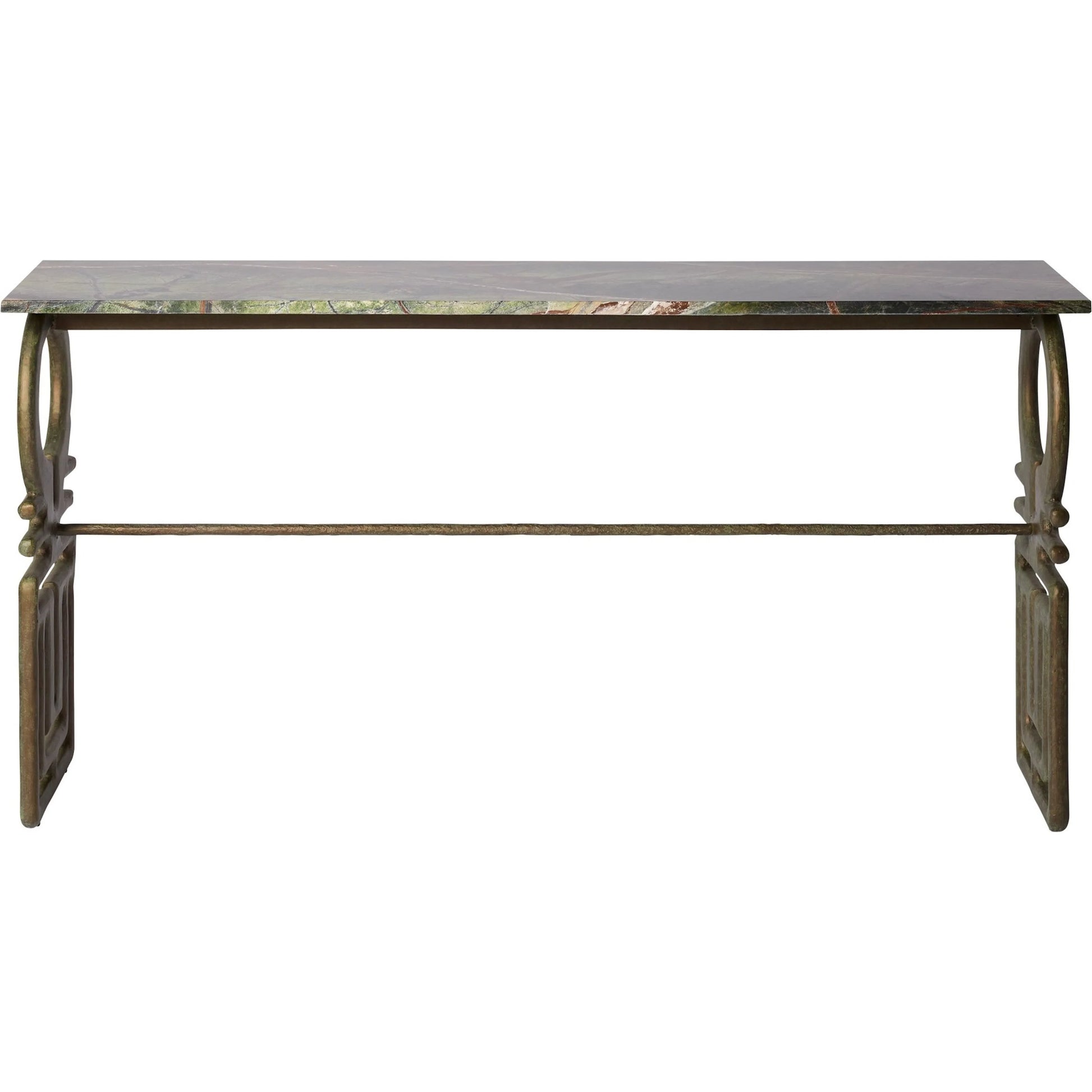 Carthago Console by Global Views in verdigris. Made from rainforest green marble, cast iron in a traditional style.