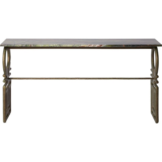 Carthago Console by Global Views in verdigris. Made from rainforest green marble, cast iron in a traditional style.