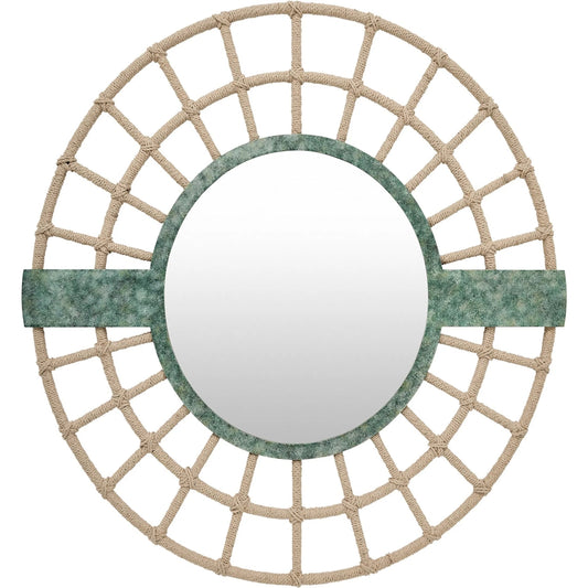 Bouclier Mirror by Global Views in verdigris. Made from iron, mirror, jute in a rustic style.