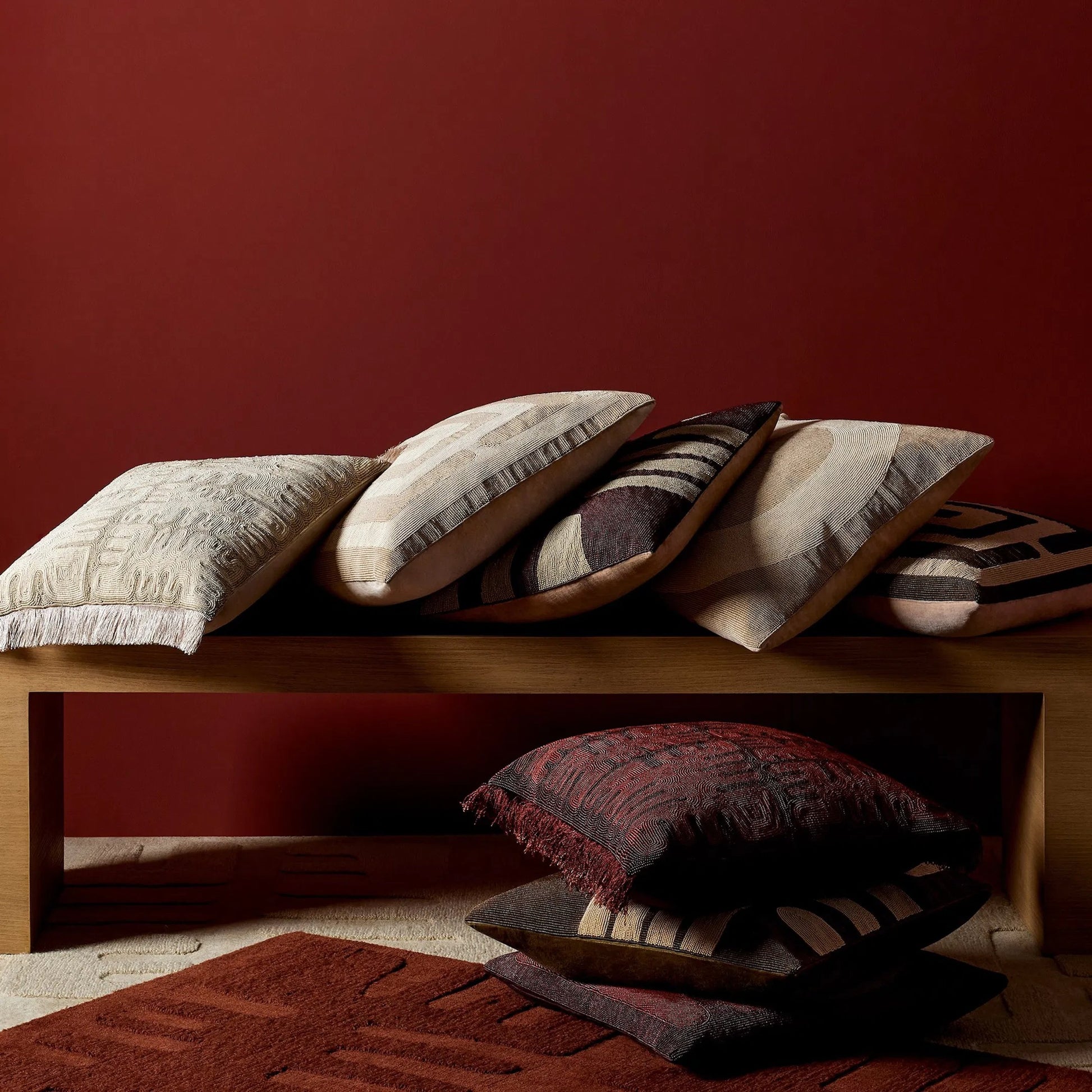 Carthago Latch Beaded Pillow by Global Views. Made from canvas, muslin, polyester velvet, decorative beads in a rustic style.
