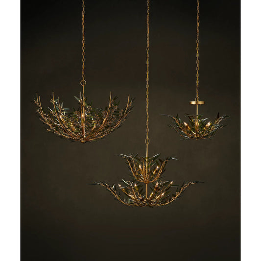 Babylon Chandelier by Currey and Company in green, contemporary gold leaf. Made from recycled bottle glass, wrought iron in a unique style.