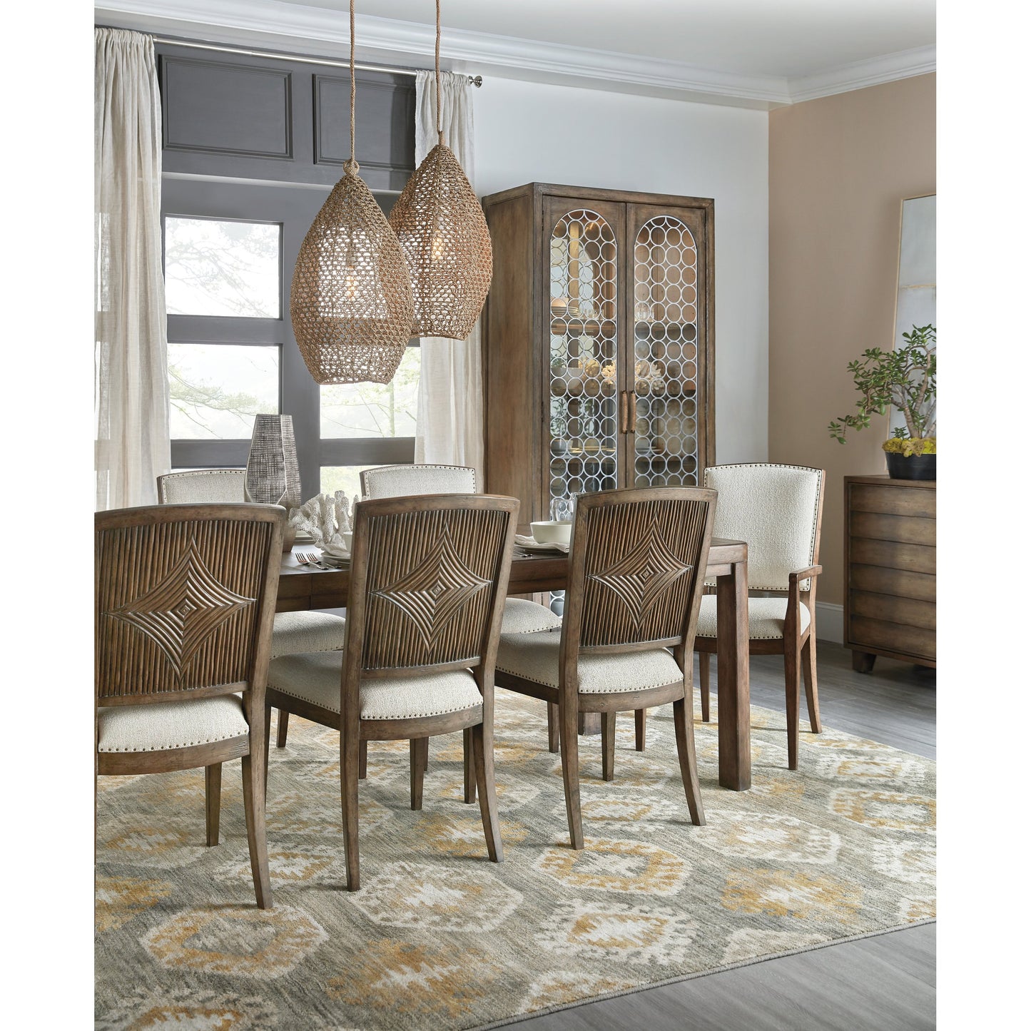 006 SI-1749817 | Lifestyle | Sundance Rectangular Dining Table by Hooker Furniture in cliffside. Made from pecan veneers with solid-wood edge top in a cottage & farmhouse style.