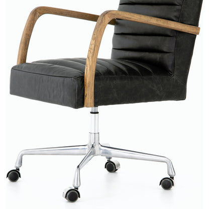 Bryson Channeled Desk Chair by Four Hands in durango smoke and toasted nettlewood, stainless steel. Made from top grain leather, stainless steel, solid nettlewood in a modern style.