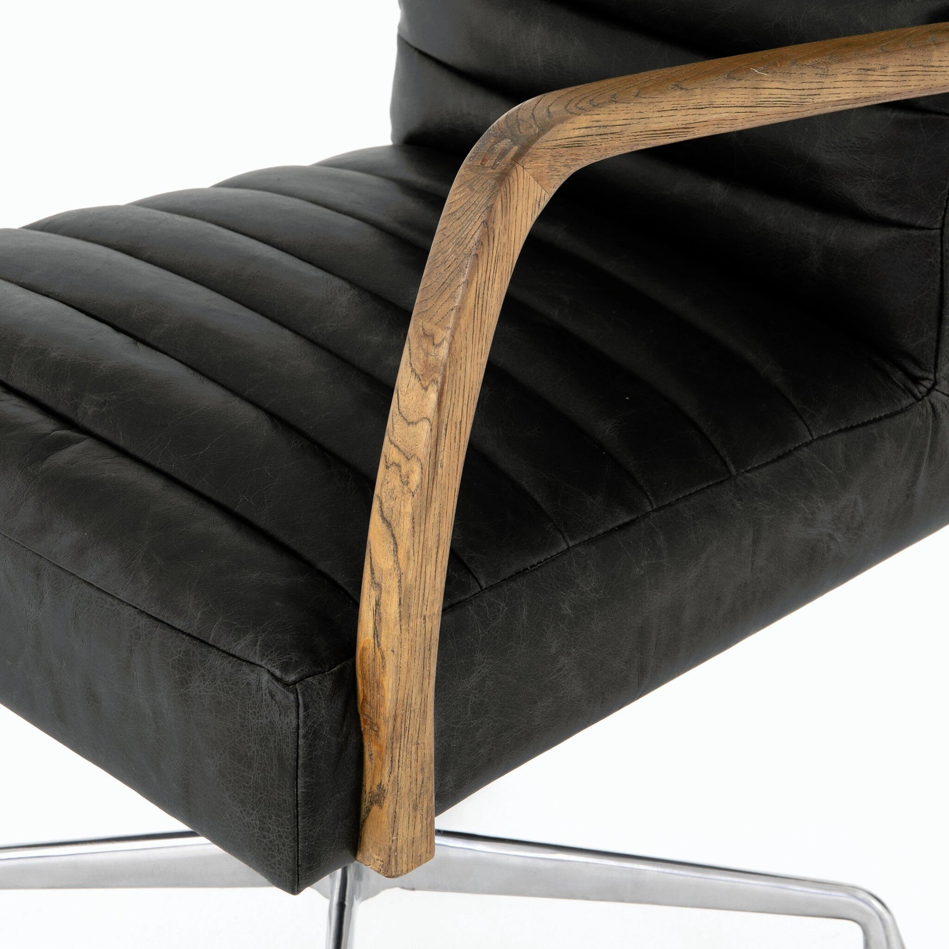 Bryson Channeled Desk Chair by Four Hands in durango smoke and toasted nettlewood, stainless steel. Made from top grain leather, stainless steel, solid nettlewood in a modern style.