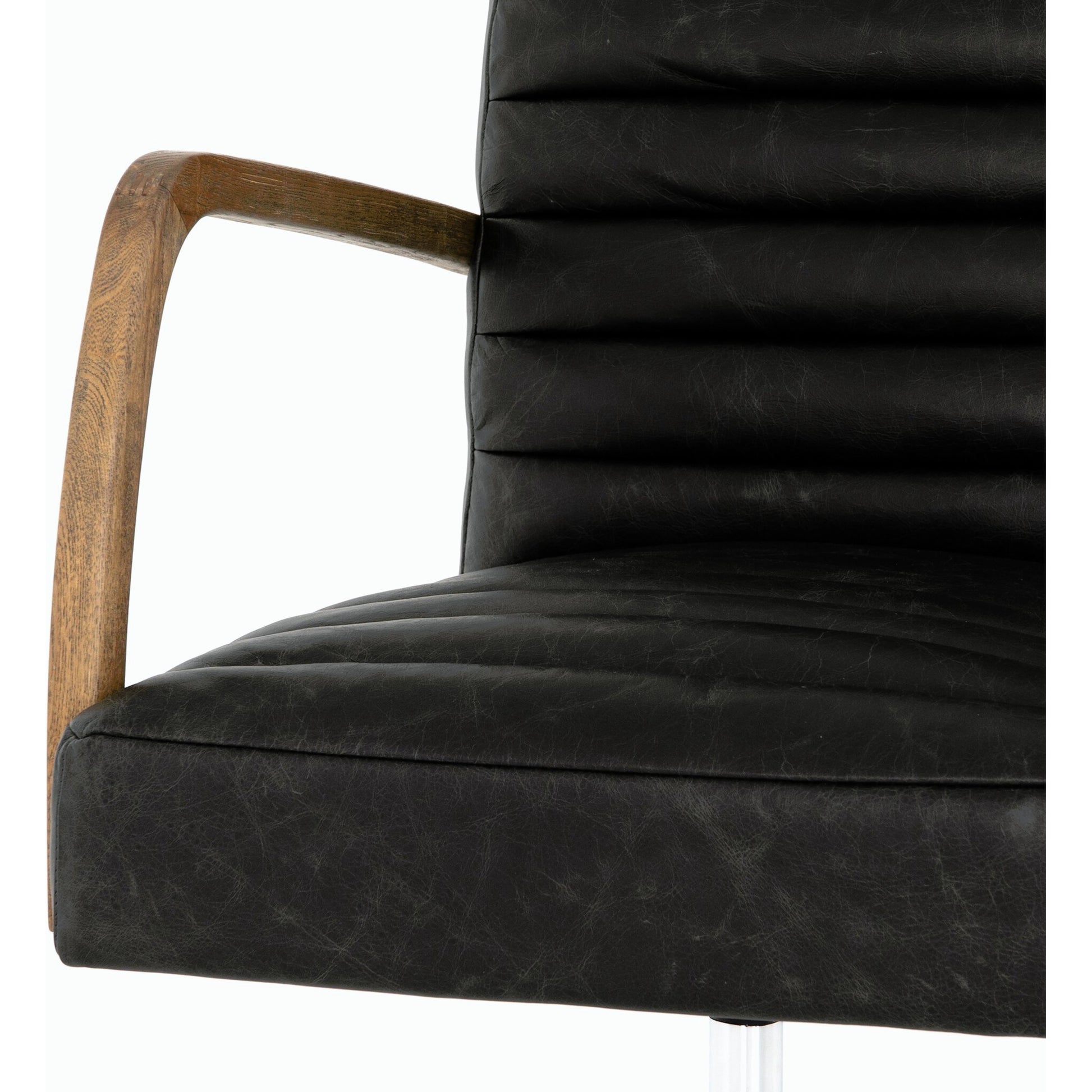 Bryson Channeled Desk Chair by Four Hands in durango smoke and toasted nettlewood, stainless steel. Made from top grain leather, stainless steel, solid nettlewood in a modern style.