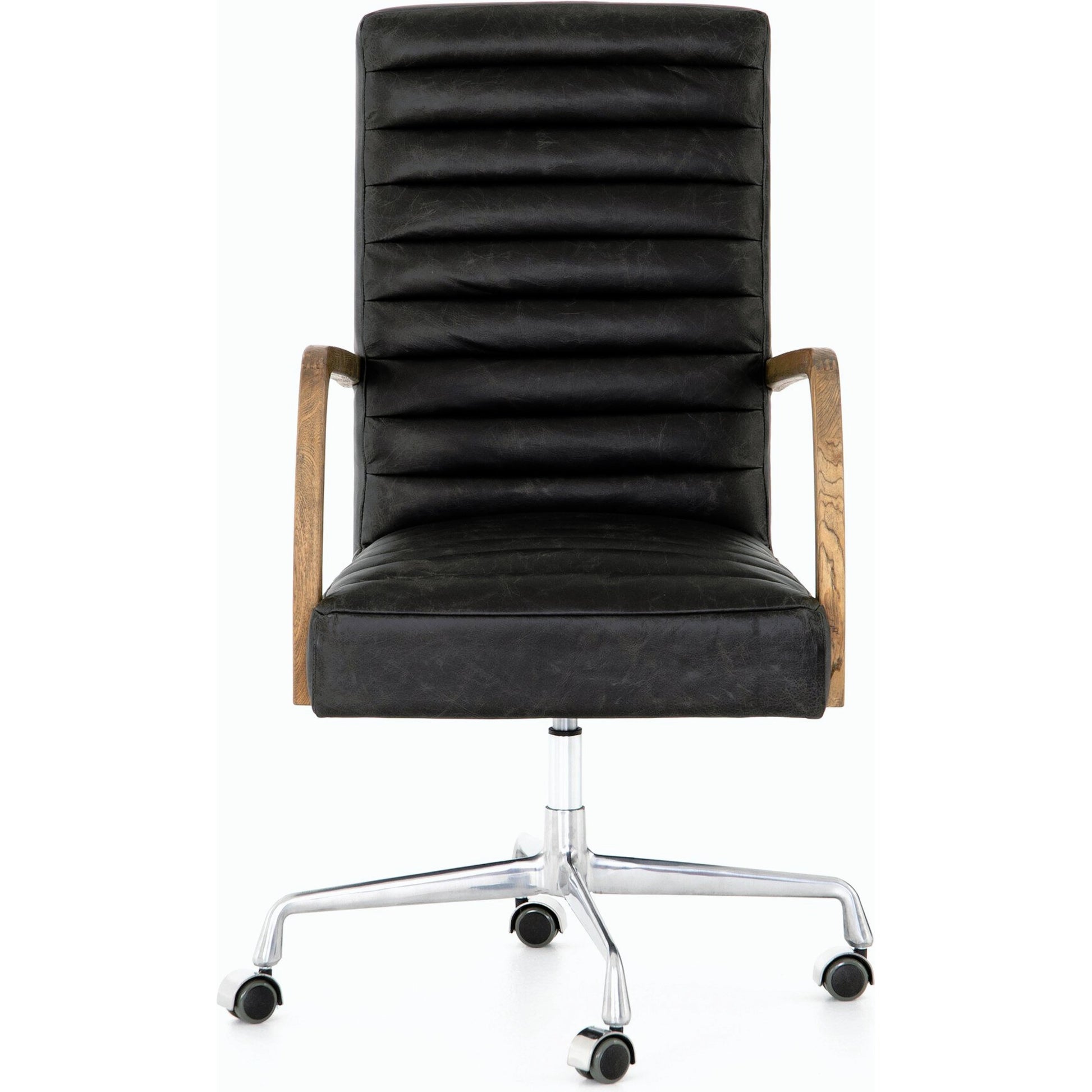 Bryson Channeled Desk Chair by Four Hands in durango smoke and toasted nettlewood, stainless steel. Made from top grain leather, stainless steel, solid nettlewood in a modern style.
