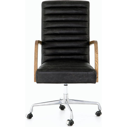 Bryson Channeled Desk Chair by Four Hands in durango smoke and toasted nettlewood, stainless steel. Made from top grain leather, stainless steel, solid nettlewood in a modern style.
