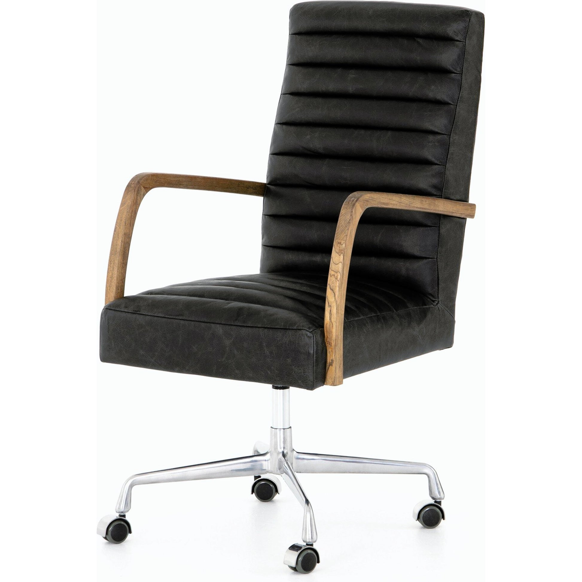 Bryson Channeled Desk Chair by Four Hands in durango smoke and toasted nettlewood, stainless steel. Made from top grain leather, stainless steel, solid nettlewood in a modern style.