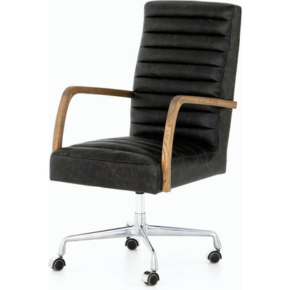 Bryson Channeled Desk Chair by Four Hands in durango smoke and toasted nettlewood, stainless steel. Made from top grain leather, stainless steel, solid nettlewood in a modern style.