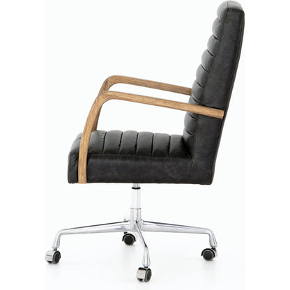 Bryson Channeled Desk Chair by Four Hands in durango smoke and toasted nettlewood, stainless steel. Made from top grain leather, stainless steel, solid nettlewood in a modern style.