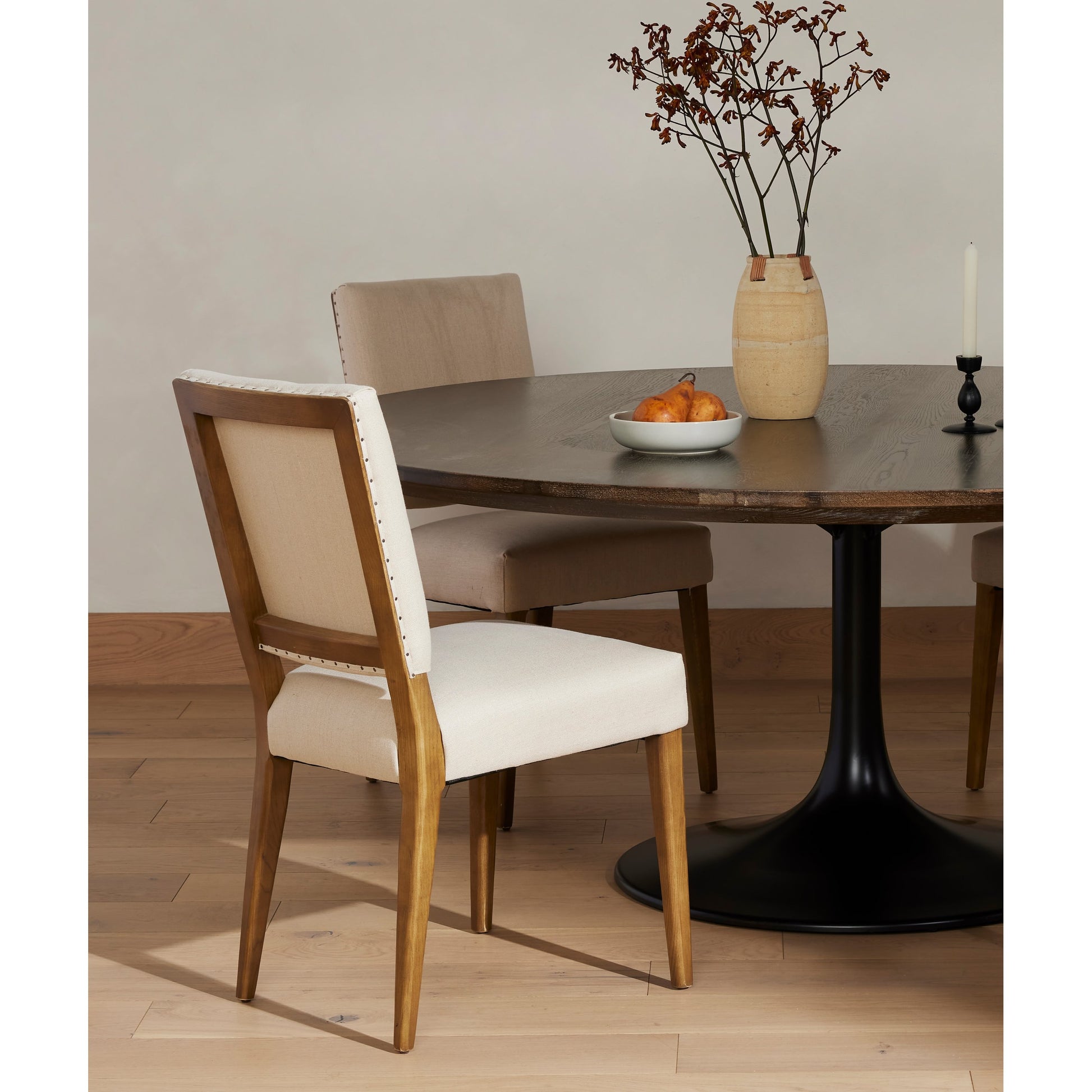 Kurt Dining Chair by Four Hands in dark linen, dark oak and dark linen, dark nettlewood, shoe nail. Made from 100% flax, linen, solid nettlewood, iron in a cottage & farmhouse style.