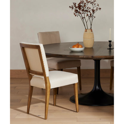 Kurt Dining Chair by Four Hands in dark linen, dark oak and dark linen, dark nettlewood, shoe nail. Made from 100% flax, linen, solid nettlewood, iron in a cottage & farmhouse style.