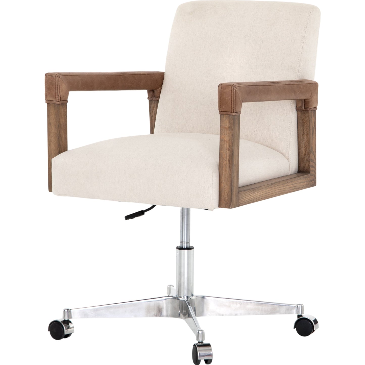 000 SR-809998 | Primary Silo | Reuben Desk Chair by Four Hands in lamont nettlewood, chaps saddle, stainless steel, harbor natural and harbor natural. Made from 60% cotton, 40% flax, linen, solid nettlewood, stainless steel in a modern style.