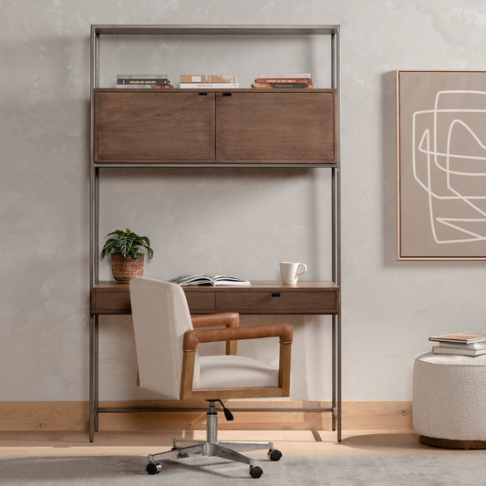 Reuben Desk Chair by Four Hands in lamont nettlewood, chaps saddle, stainless steel, harbor natural and harbor natural. Made from 60% cotton, 40% flax, linen, solid nettlewood, stainless steel in a modern style.