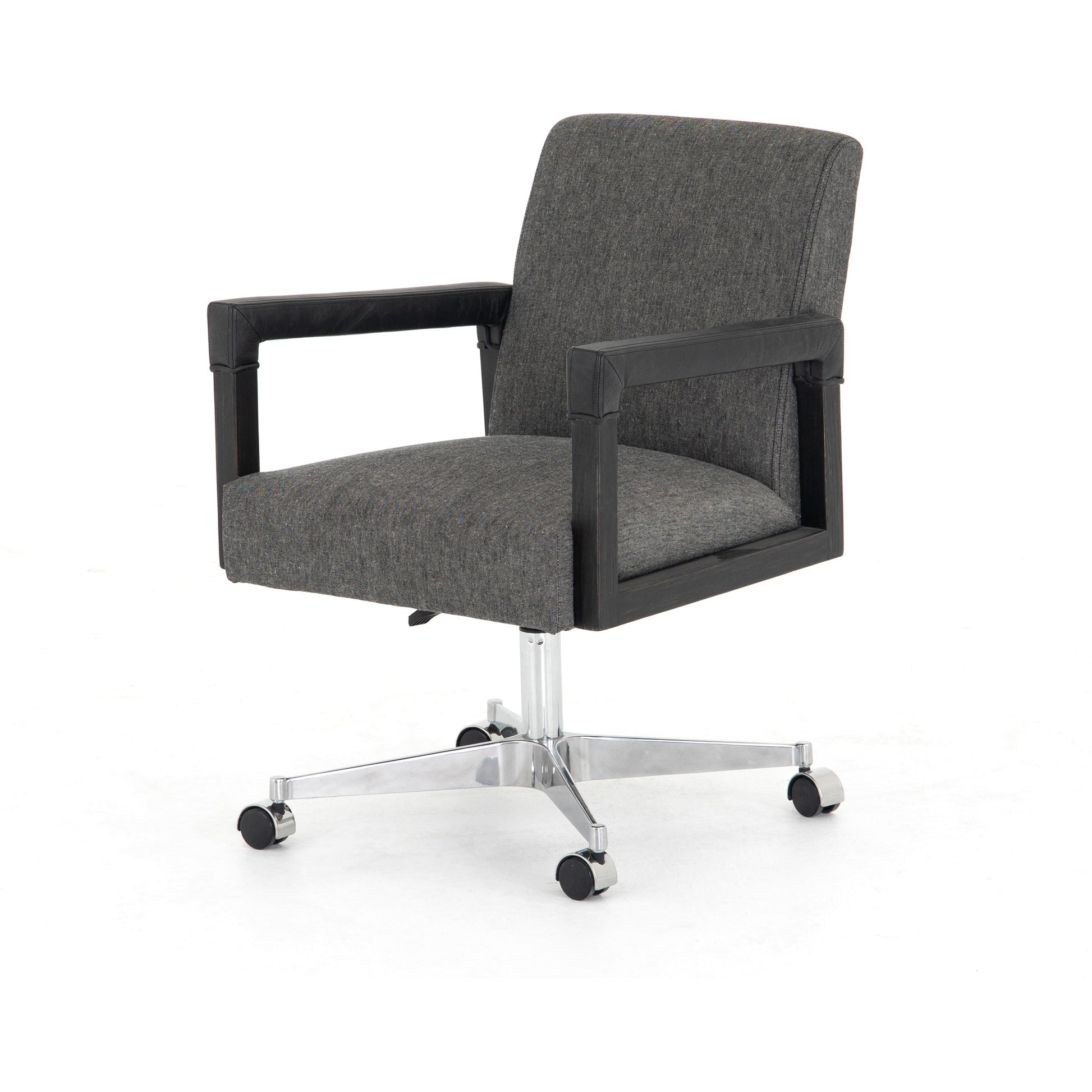 Reuben Desk Chair by Four Hands in lamont nettlewood, chaps saddle, stainless steel, harbor natural and harbor natural. Made from 60% cotton, 40% flax, linen, solid nettlewood, stainless steel in a modern style.