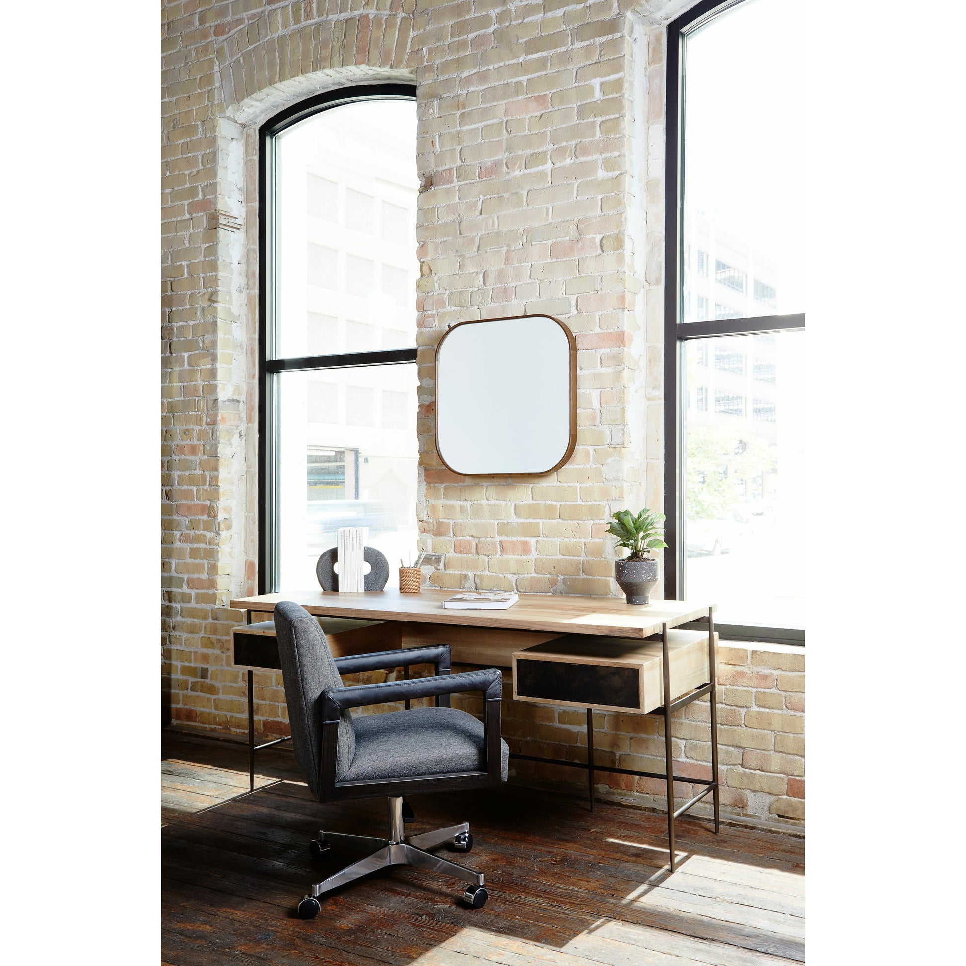 Reuben Desk Chair by Four Hands in lamont nettlewood, chaps saddle, stainless steel, harbor natural and harbor natural. Made from 60% cotton, 40% flax, linen, solid nettlewood, stainless steel in a modern style.