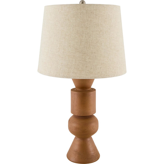 Cadet Accent Table Lamp by Livabliss in body: brown; shade (outside): beige; shade (inside): cream; finial: metallic - nickel; harp: metallic - nickel; cord: translucent and paintedplated. Made from resin, linen, polyester, 