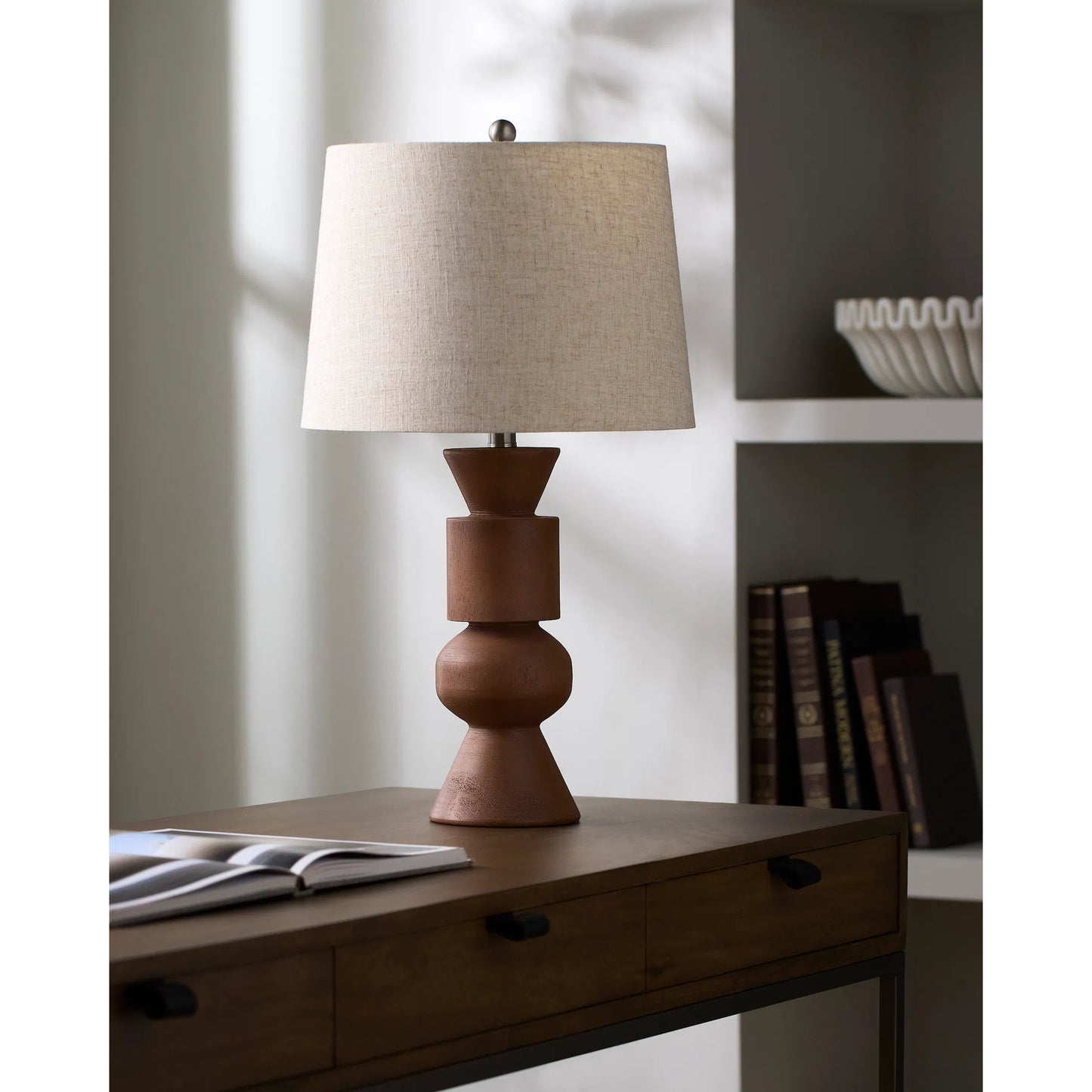 002 SI-2246065 | Lifestyle | Cadet Accent Table Lamp by Livabliss in body: brown; shade (outside): beige; shade (inside): cream; finial: metallic - nickel; harp: metallic - nickel; cord: translucent and paintedplated. Made from resin, linen, polyester, iro