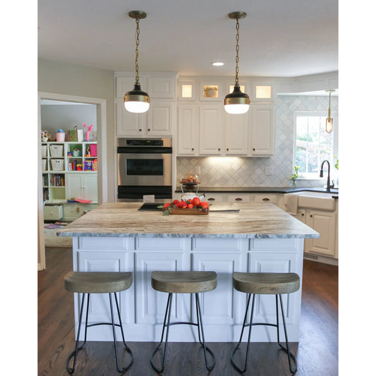 Cadence Pendant by Generation Lighting in dark antique brass, matte black. Made from steel in a modern style.