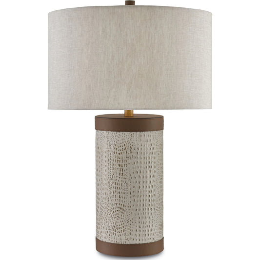 Baptiste Table Lamp by Currey and Company in ivory, brown, brushed brass. Made from wood, leather, brass in a modern style.