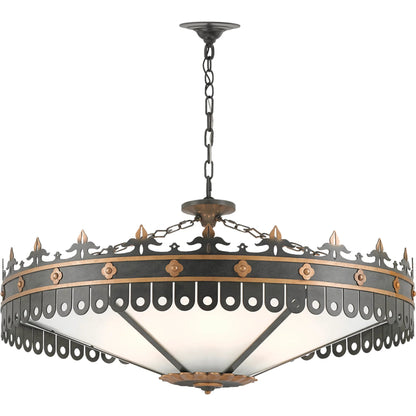 Berkeley Chandelier by Currey and Company in antique gold, moss gray. Made from wrought iron, acrylic in a traditional style.