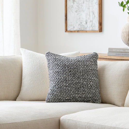 Cuttack Pillow - 479645 by Surya in medium grey, grey, light silver, metallic - silver, sage, slate. Made from front: 60% viscose, 20% wool, 20% cotton, back: 100% cotton i