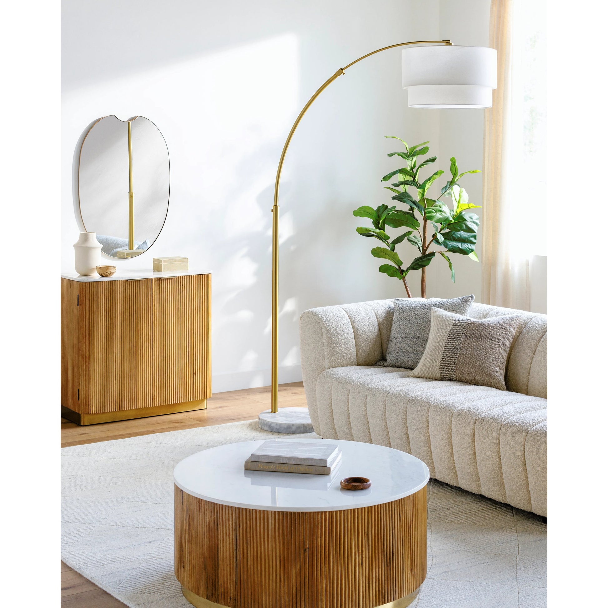 Caldas Floor Lamp - 528811 by Surya in white, translucent, gold and gold. Made from body: metal, shade (outside): linen in a modern style.