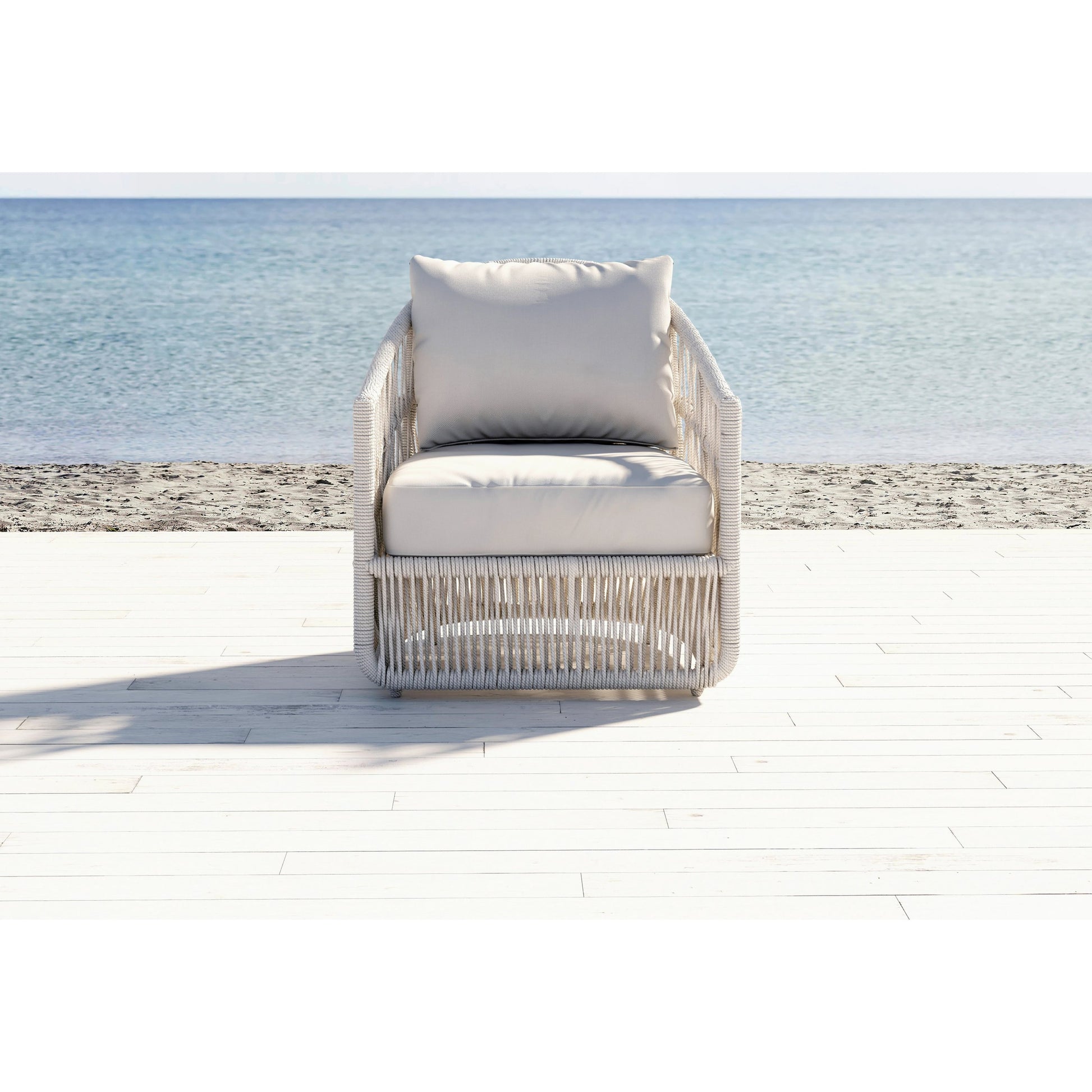 Dana Outdoor Rope Club Chair in Linen Canvas by Sunset West in whites/creams/beiges. Made from olefin rope in a coastal style.