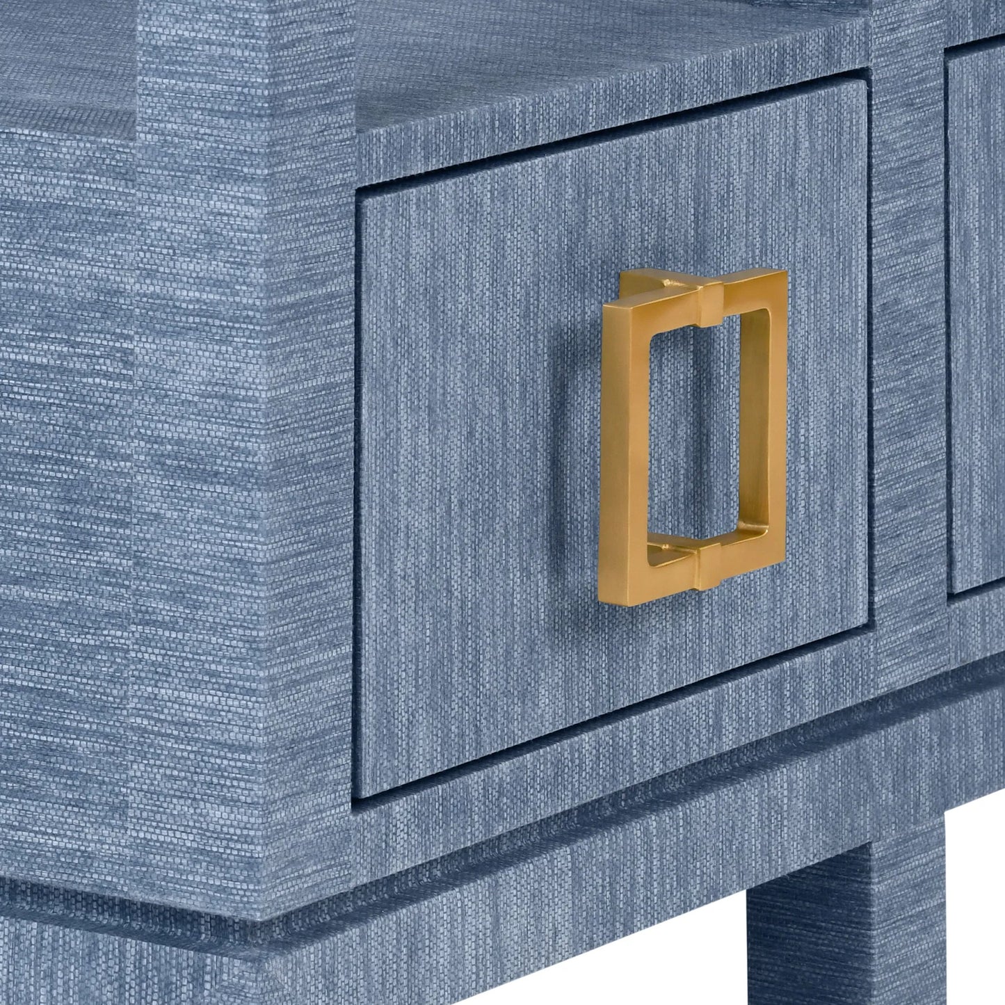 006 SI-2461265 | Closeup | Campbell Open Shelf Console by Worlds Away. Made from solid wood, mdf, linen in a eclectic & global style.