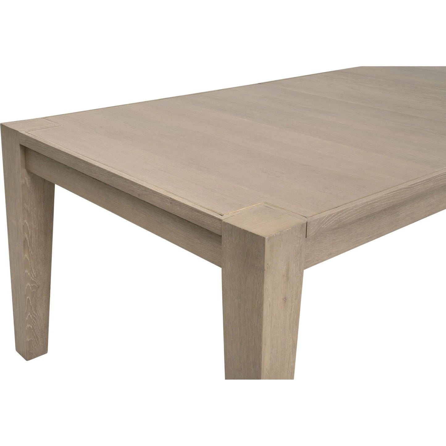 006 SI-2544372 | Closeup | Canal Dining Table by Essentials For Living in smoke gray oak, brushed gold inlay. Made from solid oak wood, oak veneer, stainless steel in a transitional style.